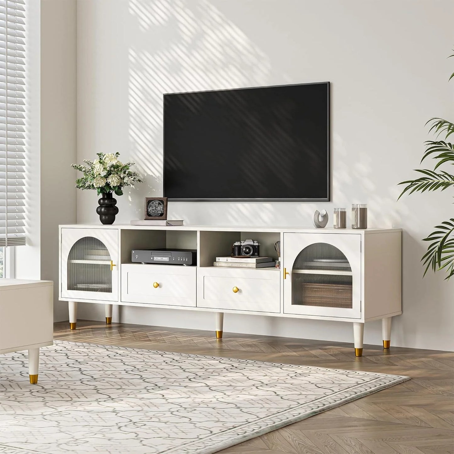 RoyalCraft Mid Century Modern TV Stand for 70 Inch TV, Entertainment Center with Acrylic Doors & Drawers, Wood TV Cabinet with Storage, TV Consoles for Living Room, Bedroom, White