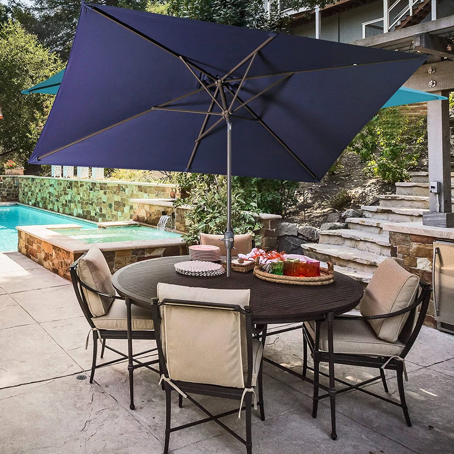RoyalCraft 6.5 x 10 Ft Rectangular Patio Umbrella Aluminum Pole, Outdoor Table Market Umbrella with Crank, 6 Steel Ribs, Polyester Canopy, Navy Blue