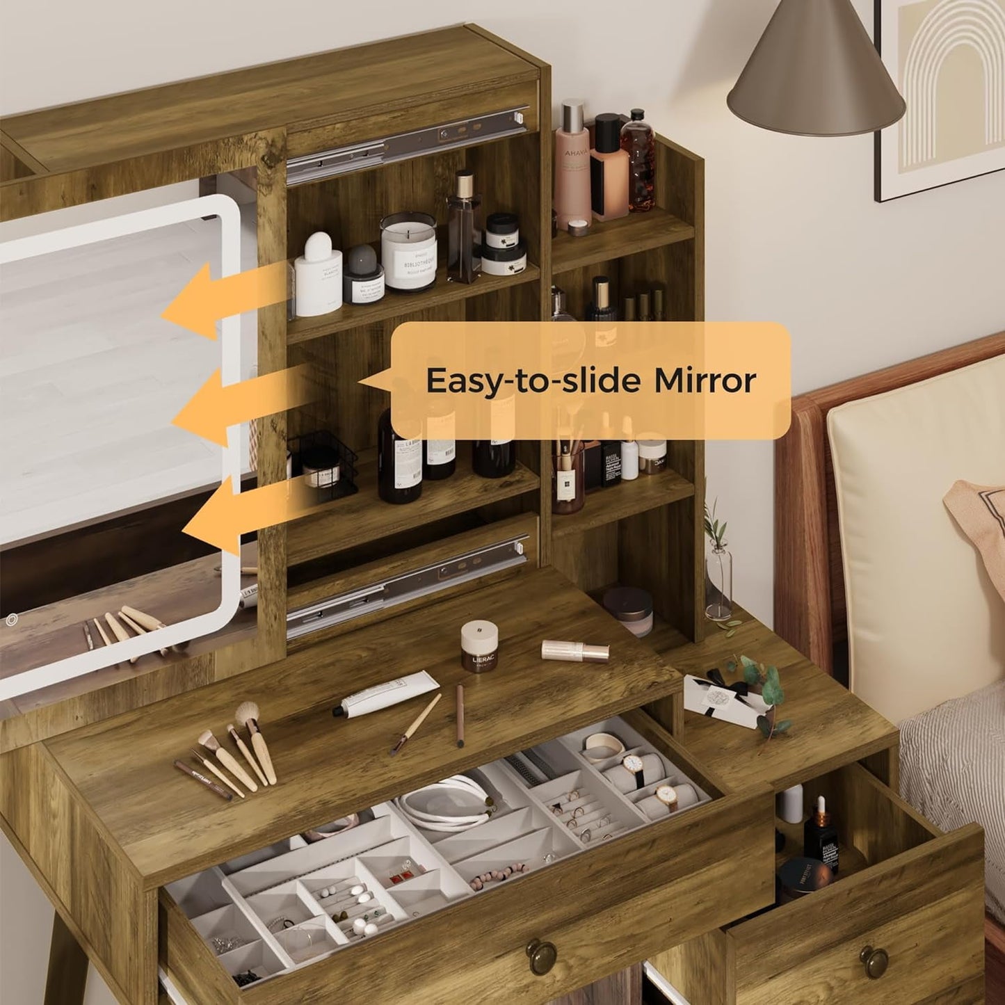 Superjoe Vanity Table with Sliding Lighted Mirror, Makeup Table with 3 Color Touch Light, Vanity Desk with Drawers & Hidden Shelves for Bedroom, Brown (Stool Not Included)