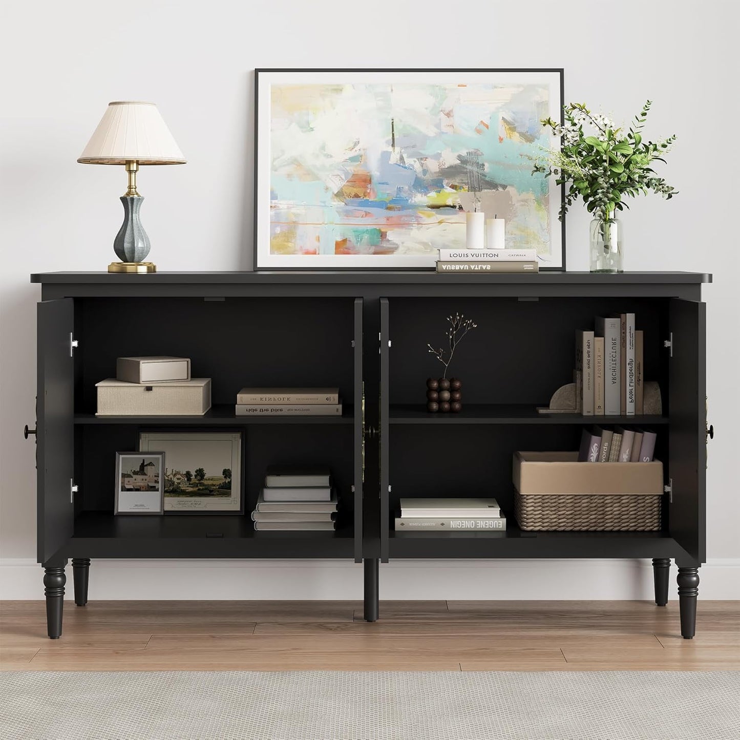 May in Color Sideboard Buffet Cabinet, 58'' Wood Console Cabinet with Storage & 4 Doors, Mid Century Media Cabinet for Entryway, Living Room, Dining Room, Black