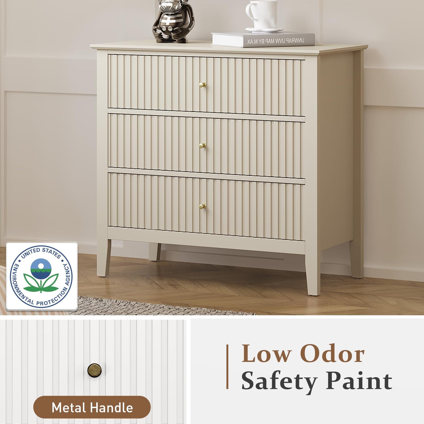 RoyalCraft Fluted 3 Drawer Dresser, Wide Chest of Drawers with Ball Bearing Slide Modern Nightstand Cabinet Wood Dresser with Spacious Storage for Bedroom, Hallway, Living Room, Entryway