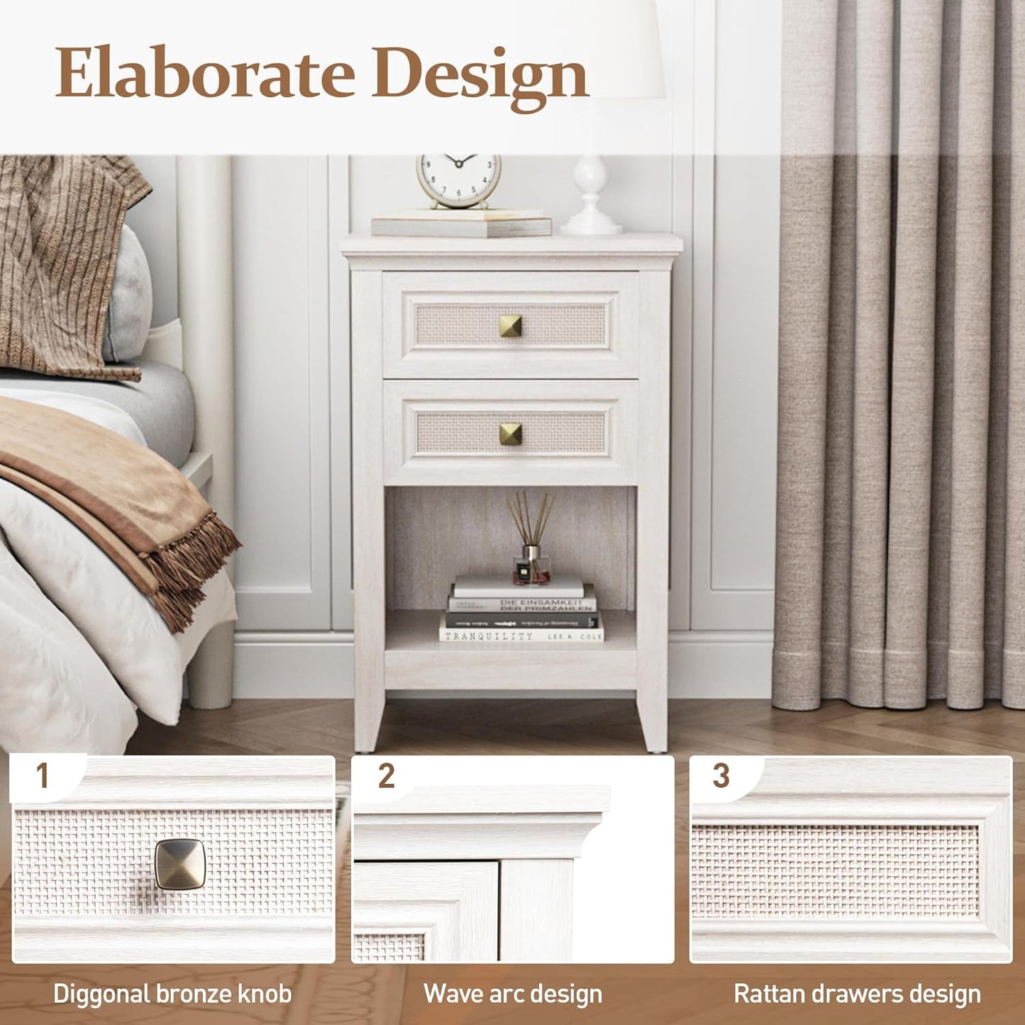 Superjoe 27" Rattan Nightstand w/2 Drawers Set of 2, Grayish White Wood Farmhouse Bedside Table, Boho Accent End Table Cabinet w/Open Storage Shelf