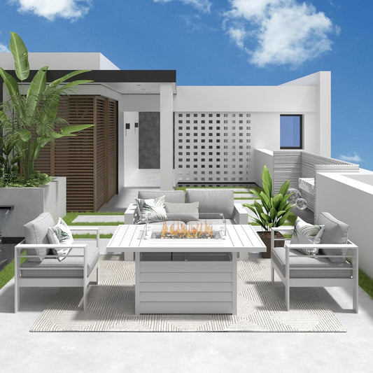 Superjoe Outdoor Furniture Set w/CSA Certified 54in Propane Gas Fire Pit Table, 4 Seats Aluminum Patio Conversation Sofa with 5in Olefin Cover Cushions, White