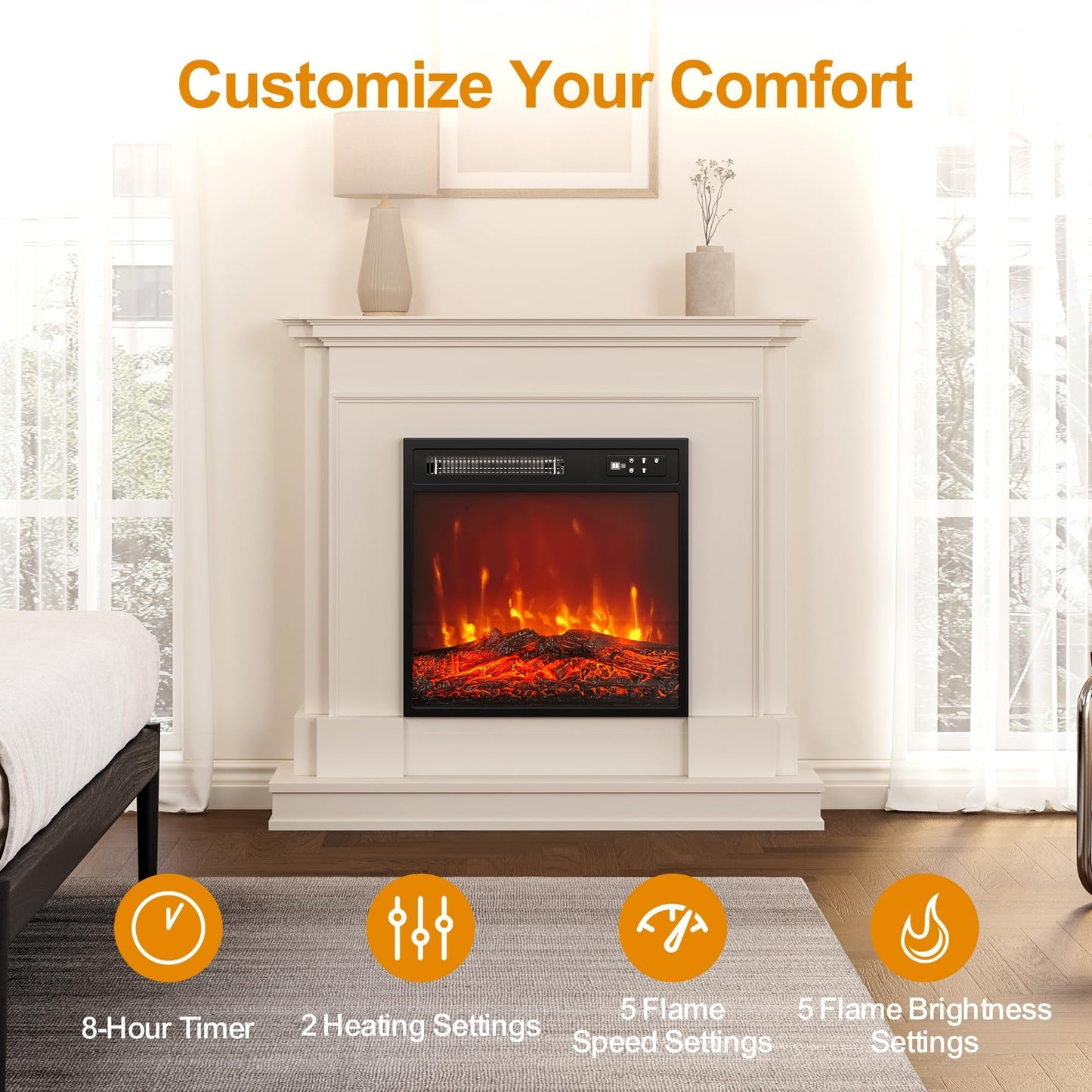 CozyHome 18'' Electric Fireplace Insert with Remote Control, Recessed Fireplace Heater with Adjustable Temperature & Flame Brightness, Small Heater with 8H Timer & Low Noise, 110V/1500W, Black