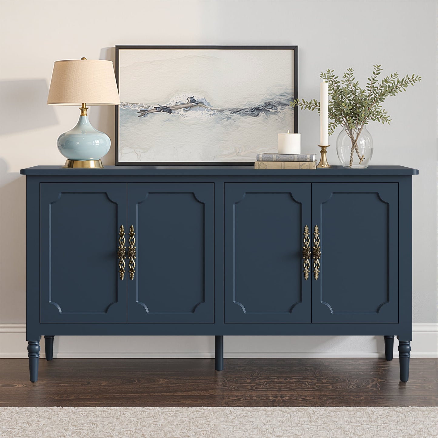 May in Color 58" Wood Buffet Cabinet, Mid-Century Modern Console Cabinet, with 4 Door & Media Storage, for Entryway, Living Room, Dining Room, Bedroom, Blue