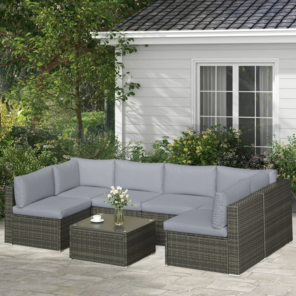 Royalcraft 7 Pieces Patio Conversation Sets, All-Weather PE Grey Wicker Outdoor Rattan Sectional Sofa, Patio Sofa Couch with Table and Grey Cushions