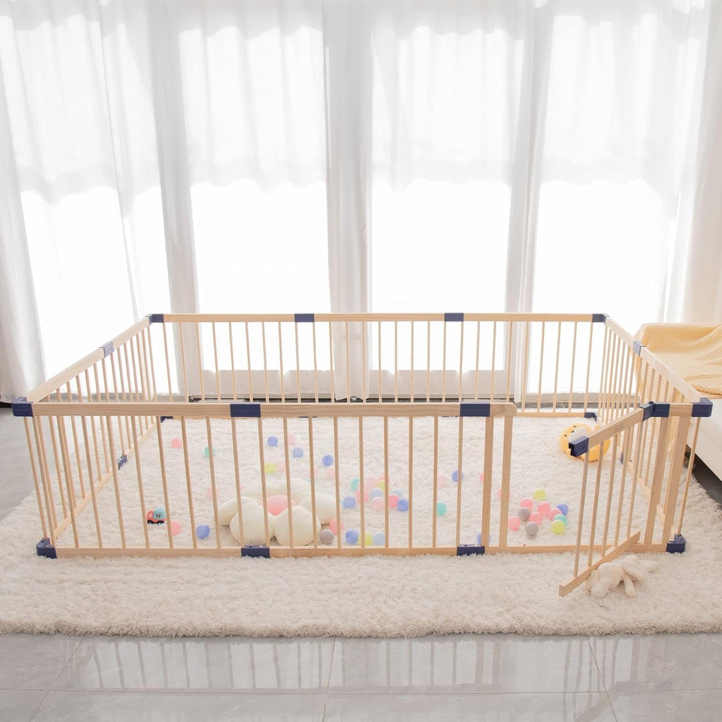 CozyHome Baby Playpen Kids Fence with Safety Gate, Activity Play Center, Safety and Anti-Drop Function, Safety Play Yard Indoor Outdoor Pure Wooden Baby Playpen (94.5"*55"*24")