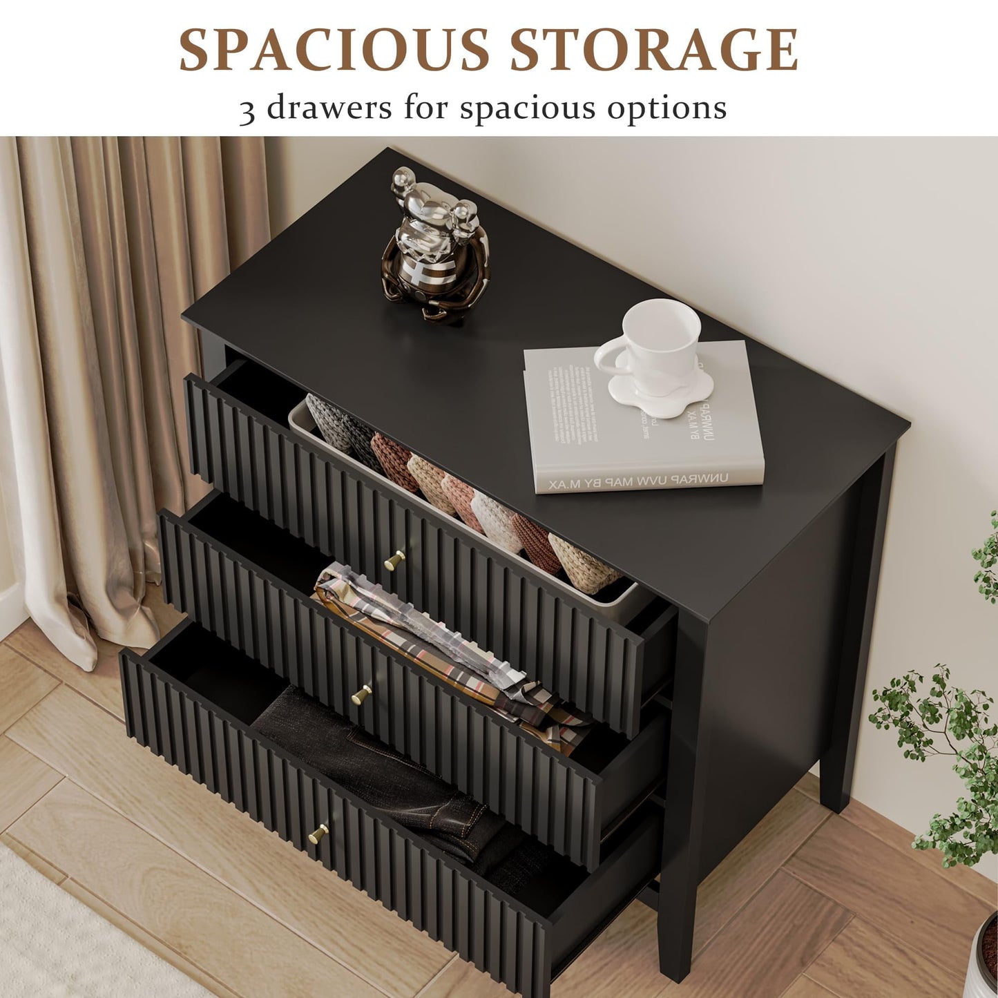 32" Black Fluted Dresser Nightstand, Wide Modern 3 Drawer Wooden Chest, Large Painted Storage Cabinet, for Bedroom, Closet, Hallway, Entryway