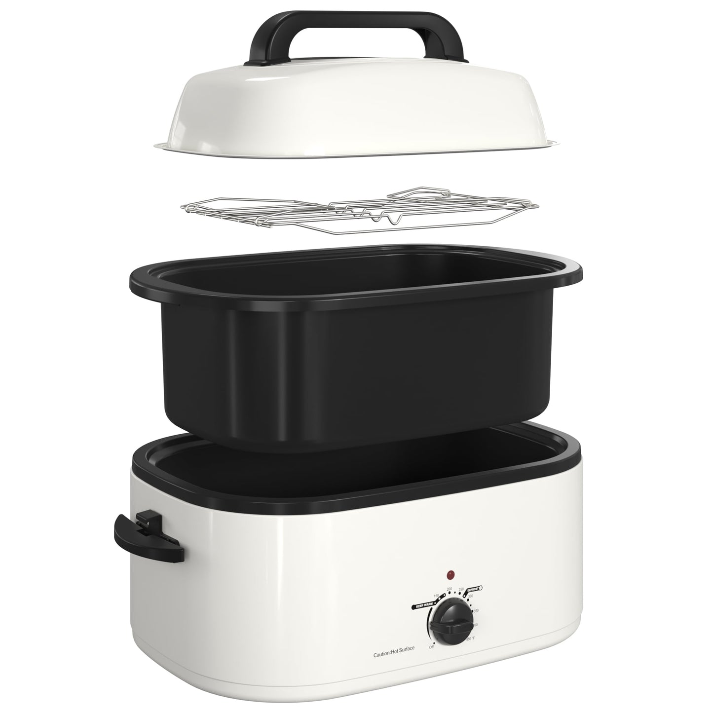 RoyalCraft 26 Quart Electric Turkey Roaster Oven with Visible Glass Lid, with Removable Pan & Rack, Stainless Steel, White
