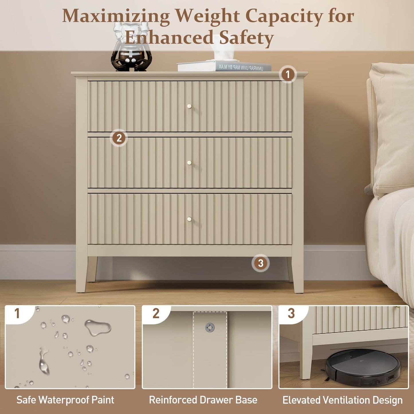 RoyalCraft Fluted 3 Drawer Dresser, Wide Chest of Drawers with Ball Bearing Slide Modern Nightstand Cabinet Wood Dresser with Spacious Storage for Bedroom, Hallway, Living Room, Entryway