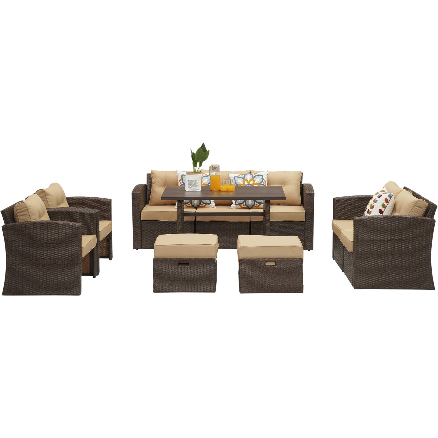 Royalcraft Outdoor Patio Furniture Set,10 Pieces Outdoor Sectional Wicker Sofa PE Rattan Conversation Sets with Dining Table,Aluminum Frame,Brown