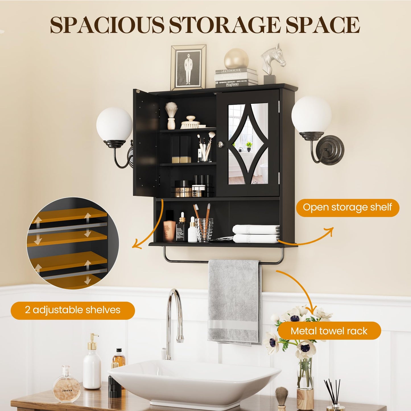 RoyalCraft Bathroom Mirror Cabinet, Wall Mount Medicine Cabinet with Adjustable Shelves, Towel Bar, Black