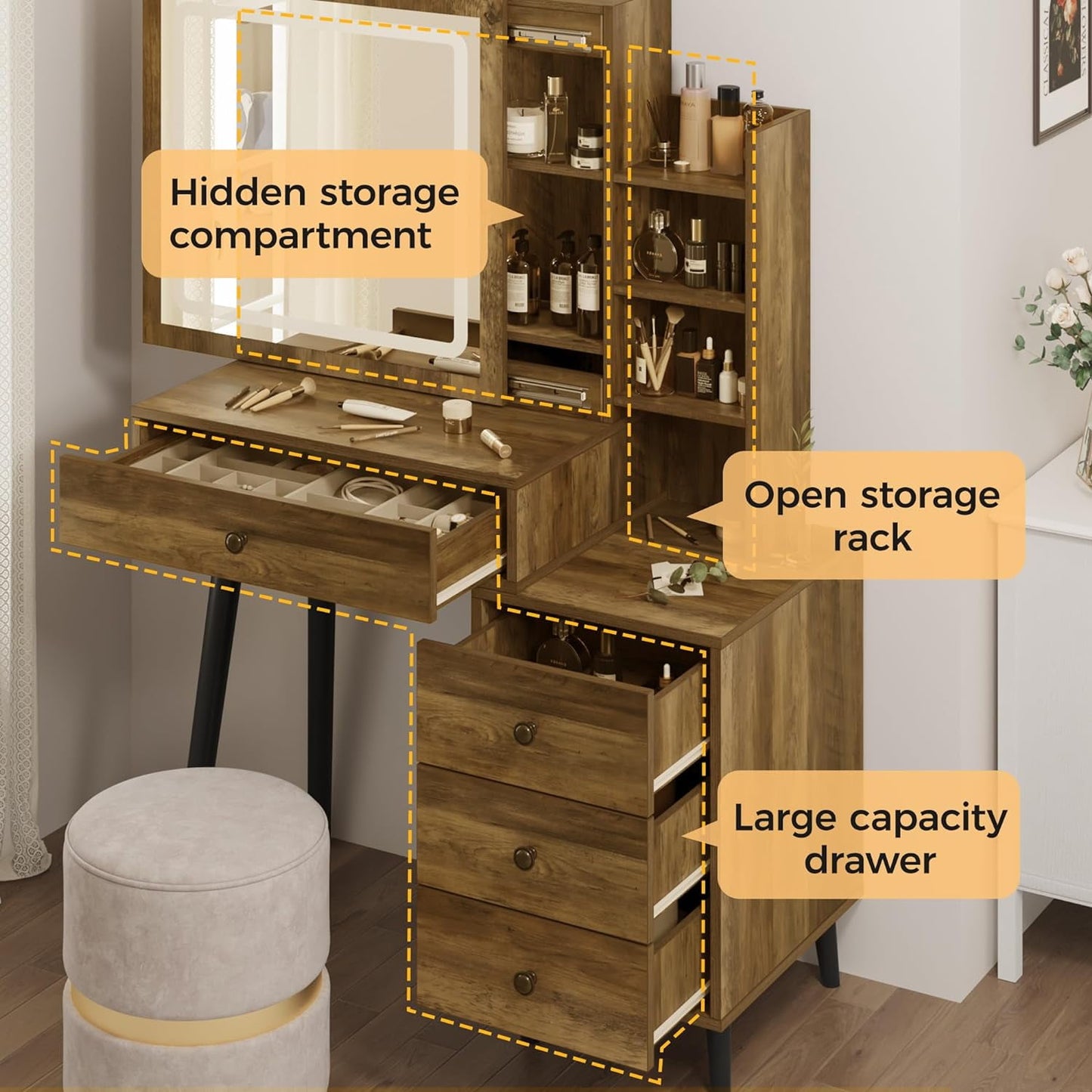 Superjoe Vanity Table with Sliding Lighted Mirror, Makeup Table with 3 Color Touch Light, Vanity Desk with Drawers & Hidden Shelves for Bedroom, Brown (Stool Not Included)