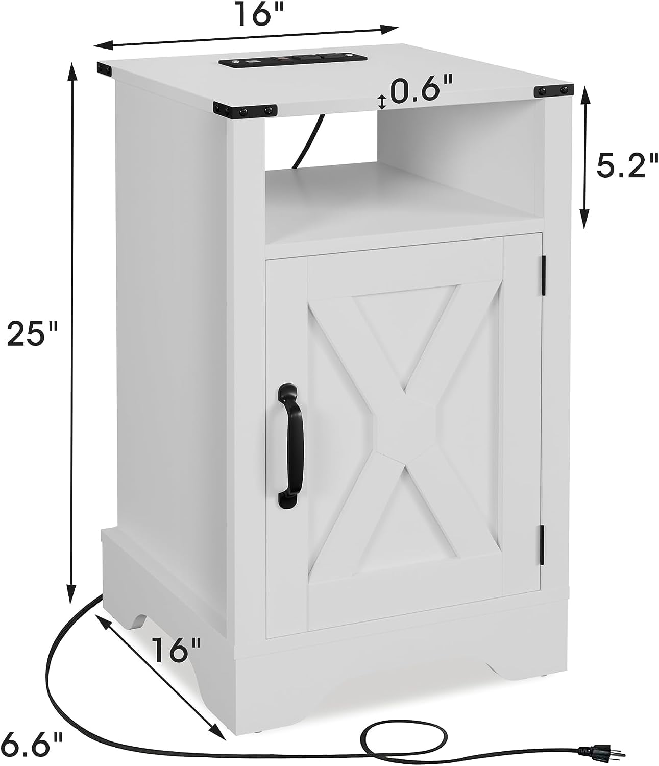Mayincolor White Nightstand with Charging Station, Farmhouse Bedside Table with X-Shaped Design,Wooden Rustic End Table with Large Storage Cabinet Room and Shelf for Bedroom, Living Room, Solid White