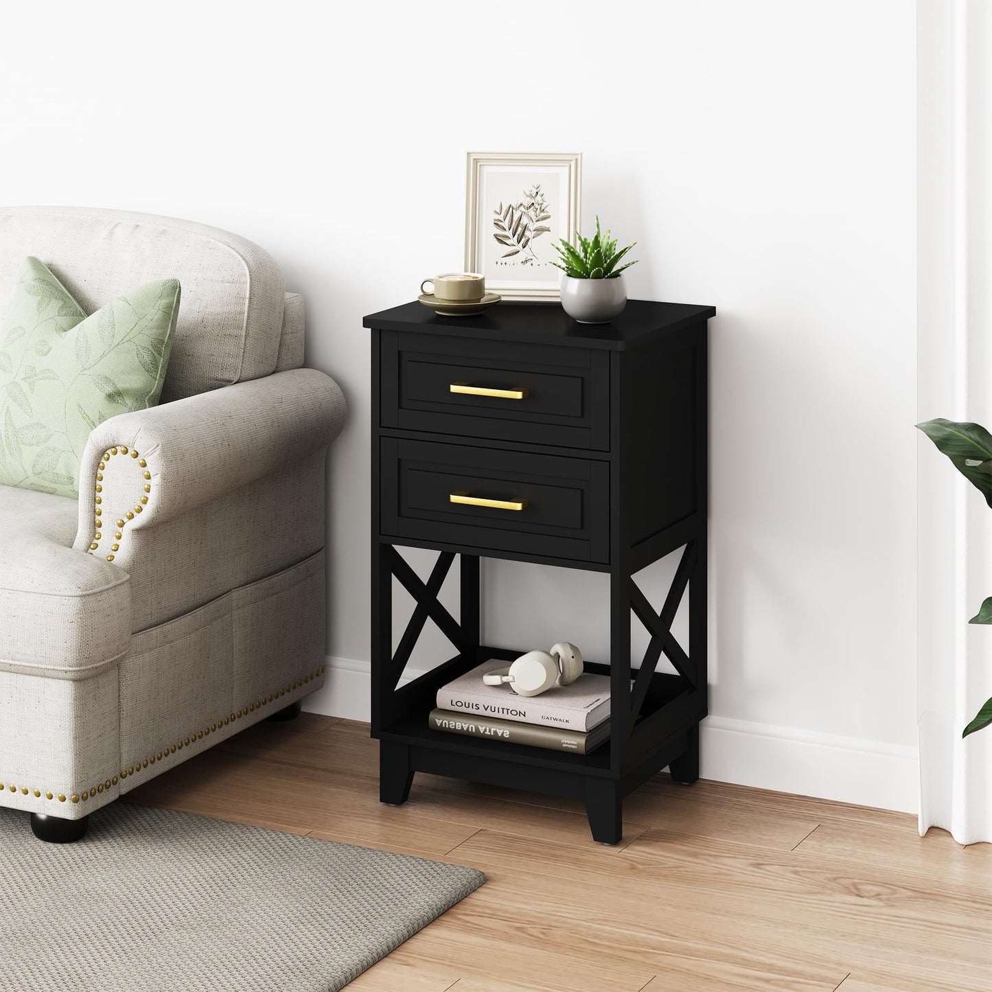 RoyalCraft Tall Nightstand, Side Table with 2 Drawers and Open Shelf Below, Bedside Table with Solid Feet, Modern Night Stand End Table for Bedroom, Living Room, Home Office, Black