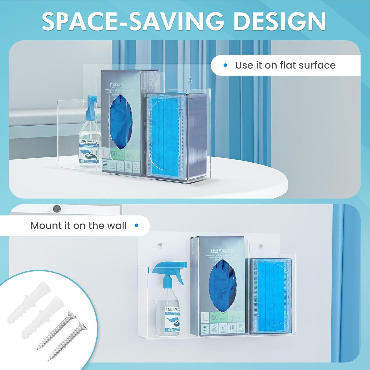 Heynemo Acrylic Hygiene Dispenser Sanitation Station with Three Compartment, Gloves Masks Hairnets Acrylic Box Holder, Wall Mount or Tabletop Acrylic Clear Storage Containers