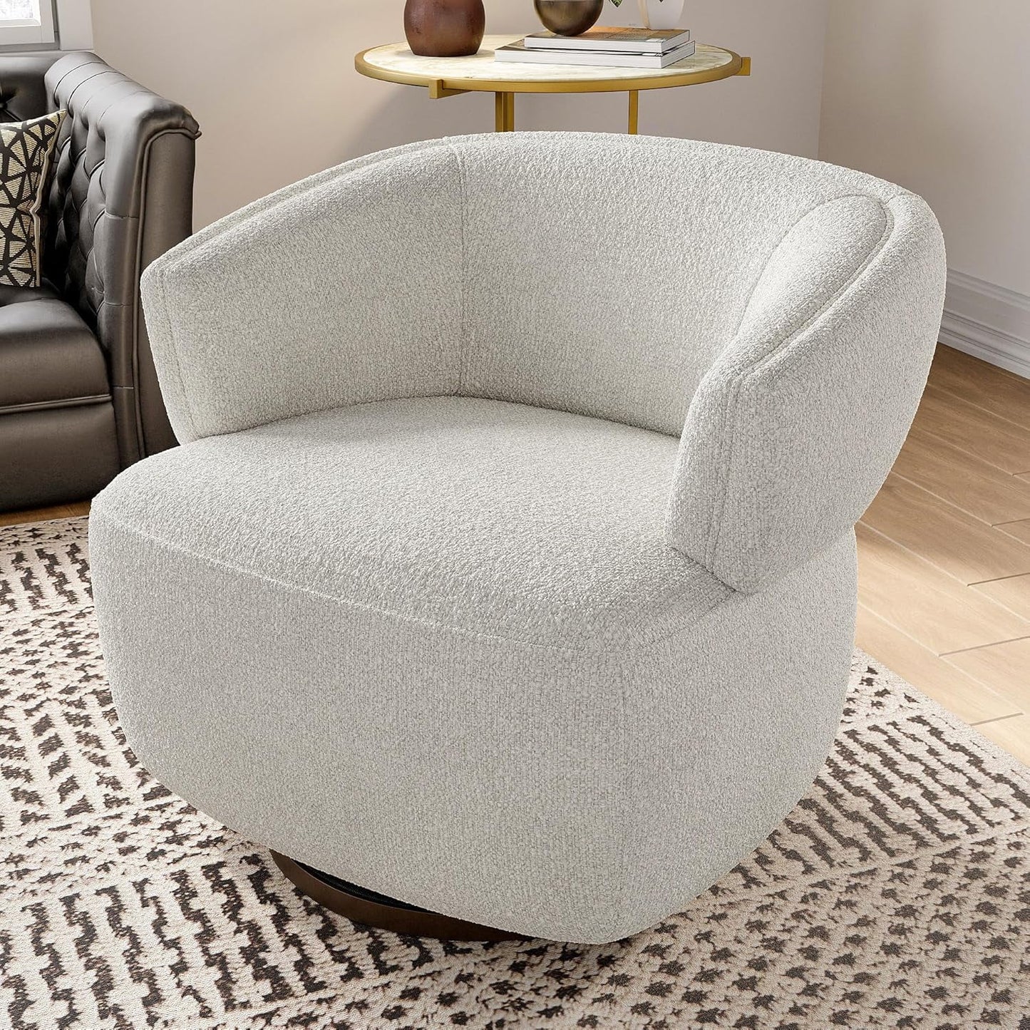 Superjoe Swivel Accent Chair, Fully Assembled Round Barrel Chairs, Oversized Upholstered Armchair with 360-Degree Base, Modern Club Chair for Living Room, Bedroom, Office, Ivory