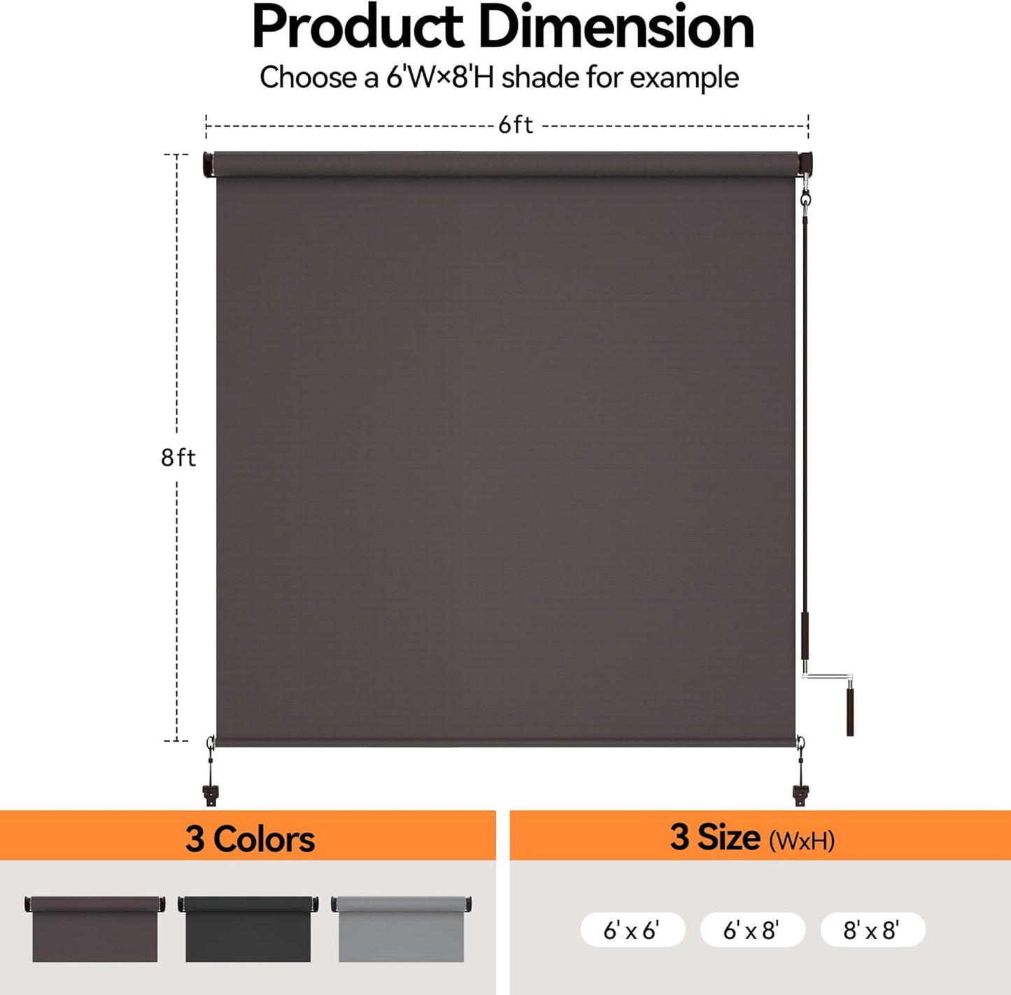 Outdoor Roller Shades for Patio New Material with 95% UV Protection, Cordless Patio Shades Roll Up Outdoor Blinds with Crank Handle for Shading, Protect Privacy, No Valance, (6' W X 8' L), Brown