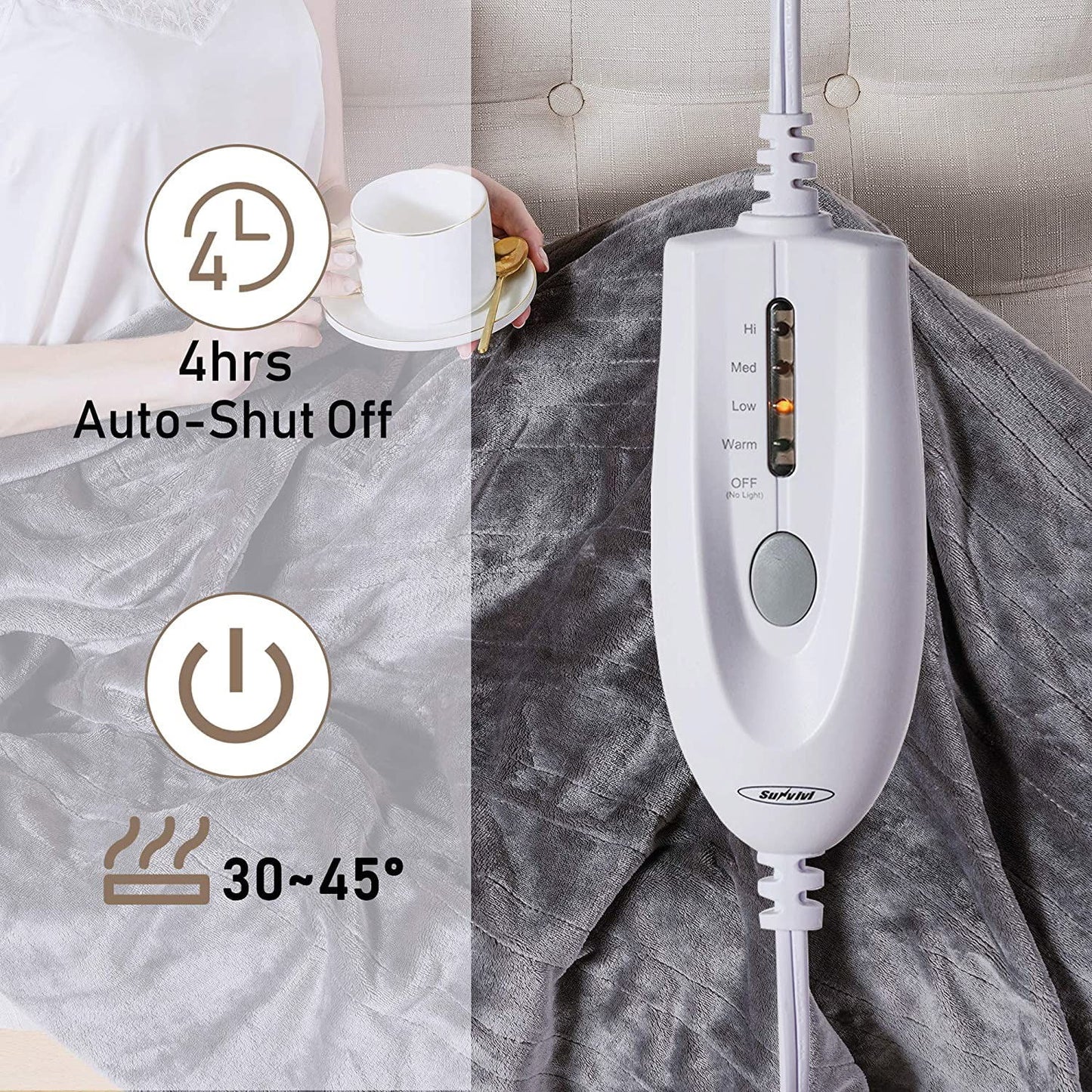 Royalcraft Heated Blanket Throw, Electric Blanket Throw 50" x 60", Double-Layer Flannel with 4 Heating Settings, 4 Hours Auto Off, Machine Washable, Grey