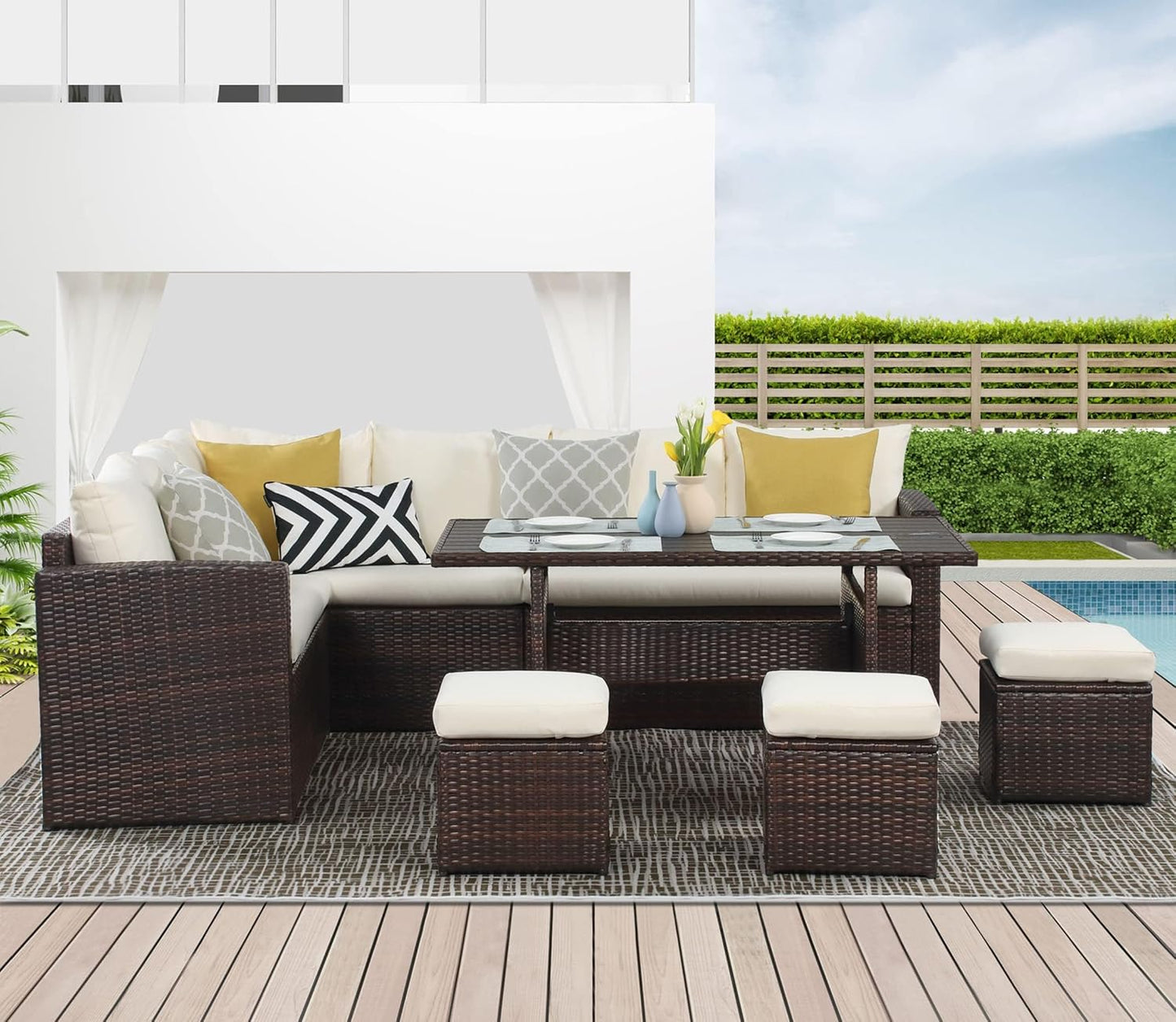RoyalCarft 7 Pcs Outdoor Conversation Set All Weather Wicker Sectional Sofa Set Dining Table Chair and Ottoman,Steel Frame