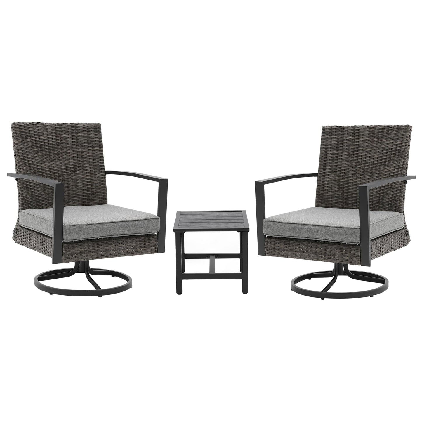Royalcraft 3 Pieces Patio Bistro Set with Swivel Chair and Small Side Table, All Weather Rattan Chairs with Water-Resistant Cushions & Metal Frame, Outdoor Rocking Chairs, Grey