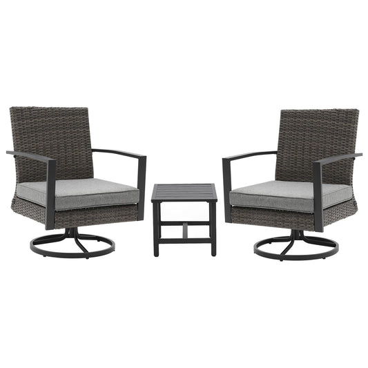 Royalcraft 3 Pieces Patio Bistro Set with Swivel Chair and Small Side Table, All Weather Rattan Chairs with Water-Resistant Cushions & Metal Frame, Outdoor Rocking Chairs, Grey