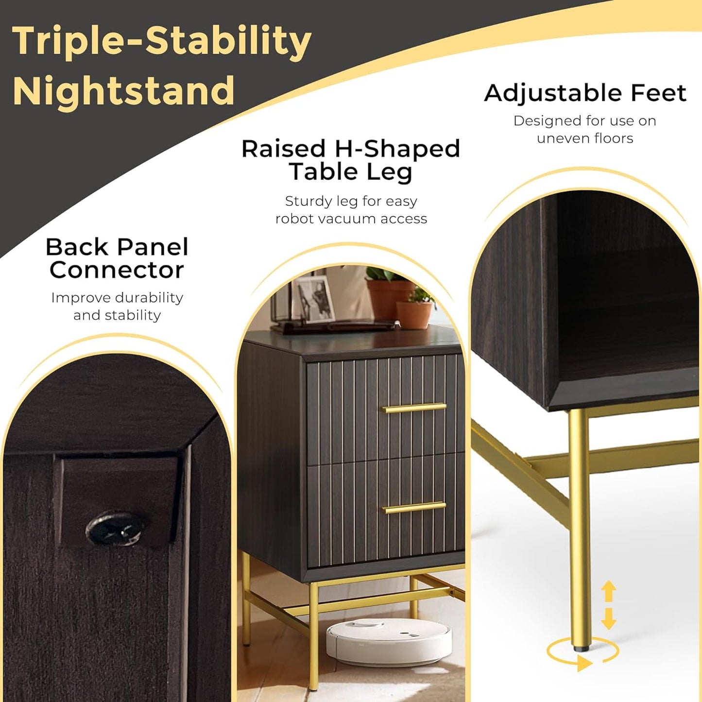 Royalcraft Nightstands set of 2, Wood Side Table with 2 Drawers, 2-Tier End Table with Adjustable Feet and Metal Leg, Modern Night Stands Cabinet for Bedroom, Living Room, Home Office, Charcoal Walnut
