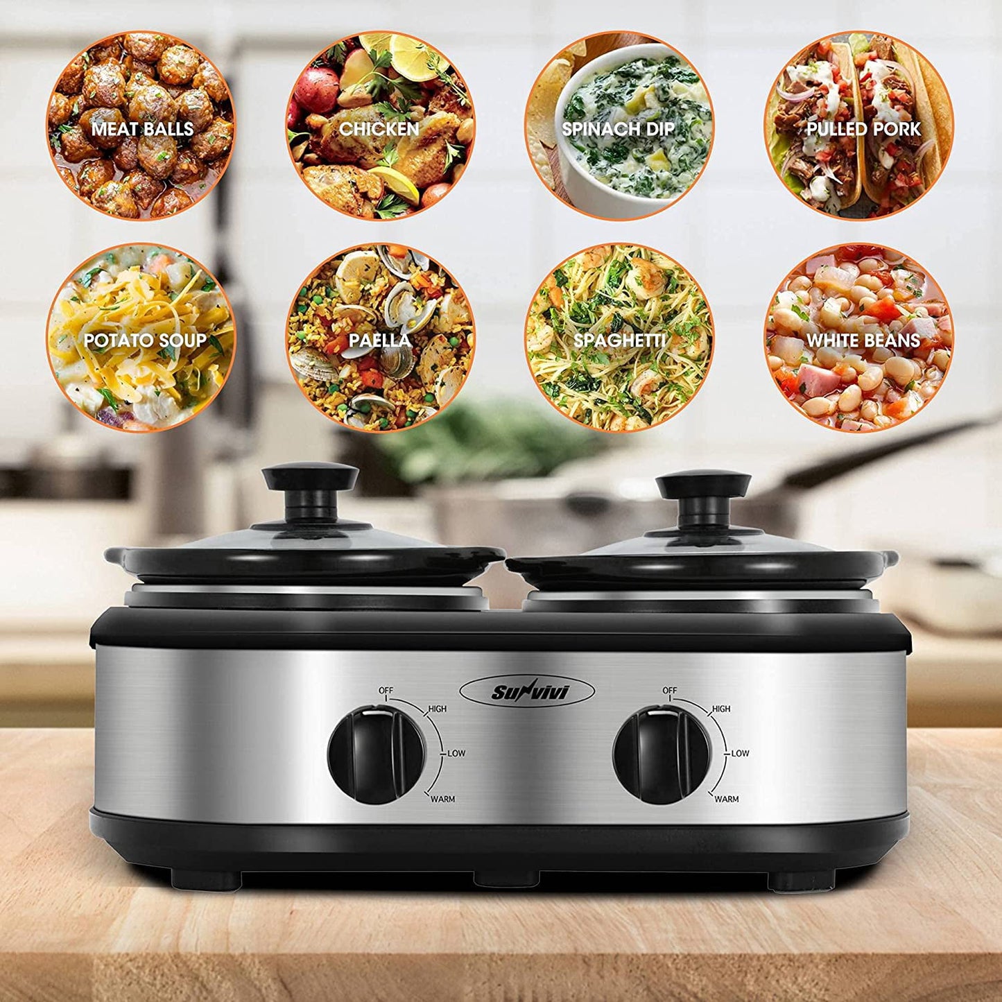 Royalcraft Double Slow Cooker, 2 Pot 1.25 Quart Oval Crock Food Warmer Buffet Server, Stainless Steel