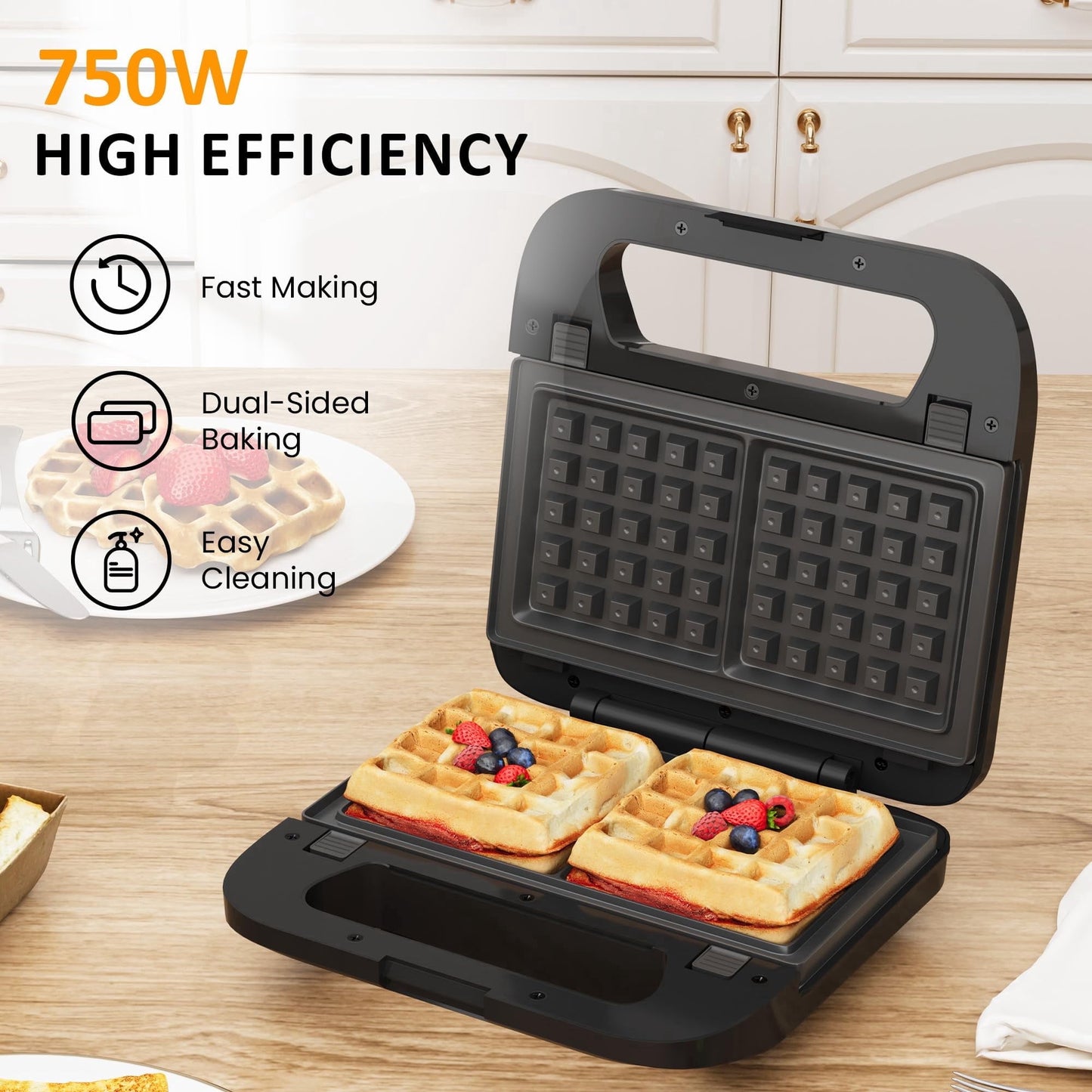 Royalcraft 3 in 1 Electric Sandwich Maker with Removable Non-Stick Plates, Indicator Lights & Cool Touch Handle, 750W, Black