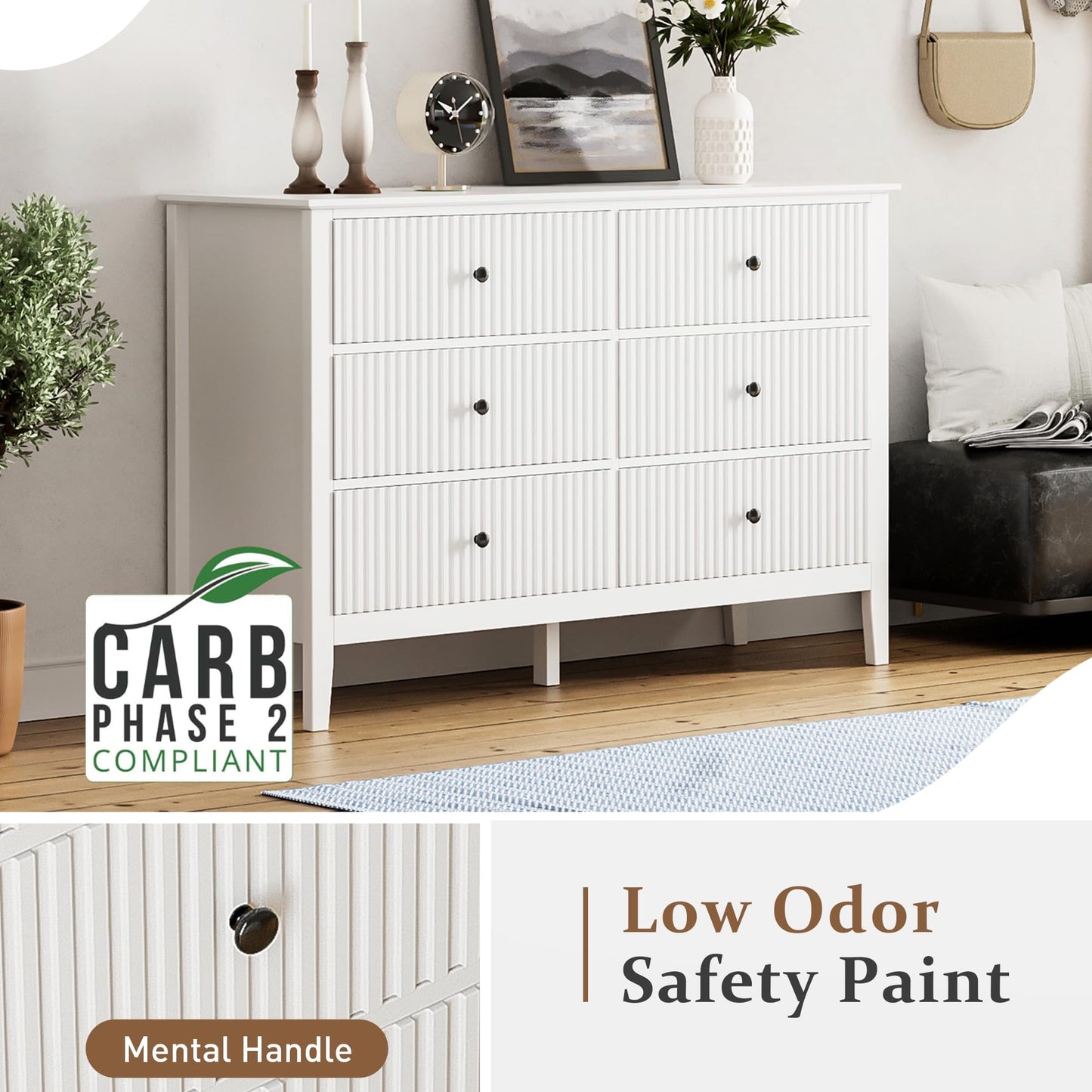 RoyalCraft White Fluted 6 Drawer Dresser for Bedroom, Modern Chest of Drawers, Wood Dresser for Storage Clothes, Wooden Storage Cabinet for Bedroom, Hallway, Living Room, Entryway