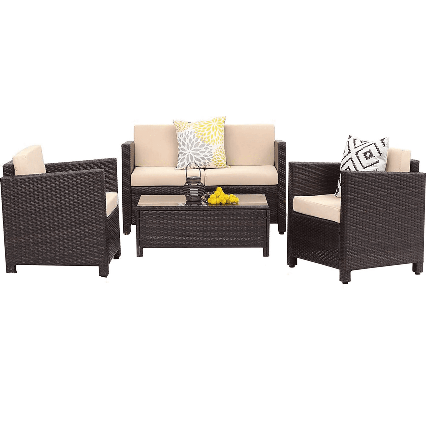 Royalcraft 4 Piece Outdoor Conversation Sets, Wicker Sofa Set with Cushions, Brown