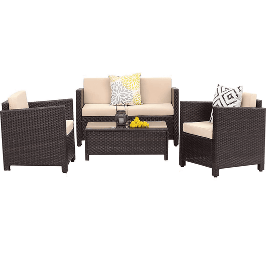 Royalcraft 4 Piece Outdoor Conversation Sets, Wicker Sofa Set with Cushions, Brown