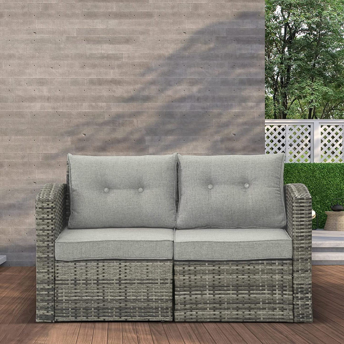 RoyalCraft Modular Collections Patio Sofa Chair with Ottoman, Outdoor Brown Rattan Lounger Sofa Chair Set with Seat and Back Cushions, Aluminum Frame