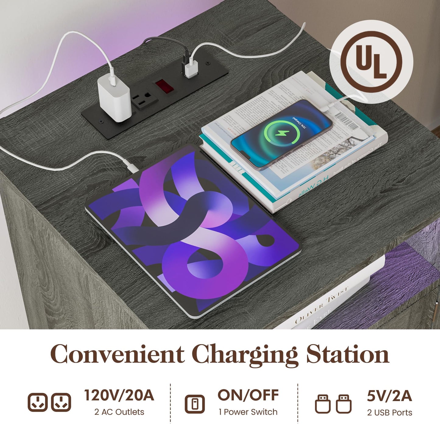 Mayincolor LED Nightstand with Charging Station, Farmhouse Wooden Side Table, Bedside Table with Storage Cabinet and Shelf, Rustic End Table for Bedroom, Living Room, Dark Gray