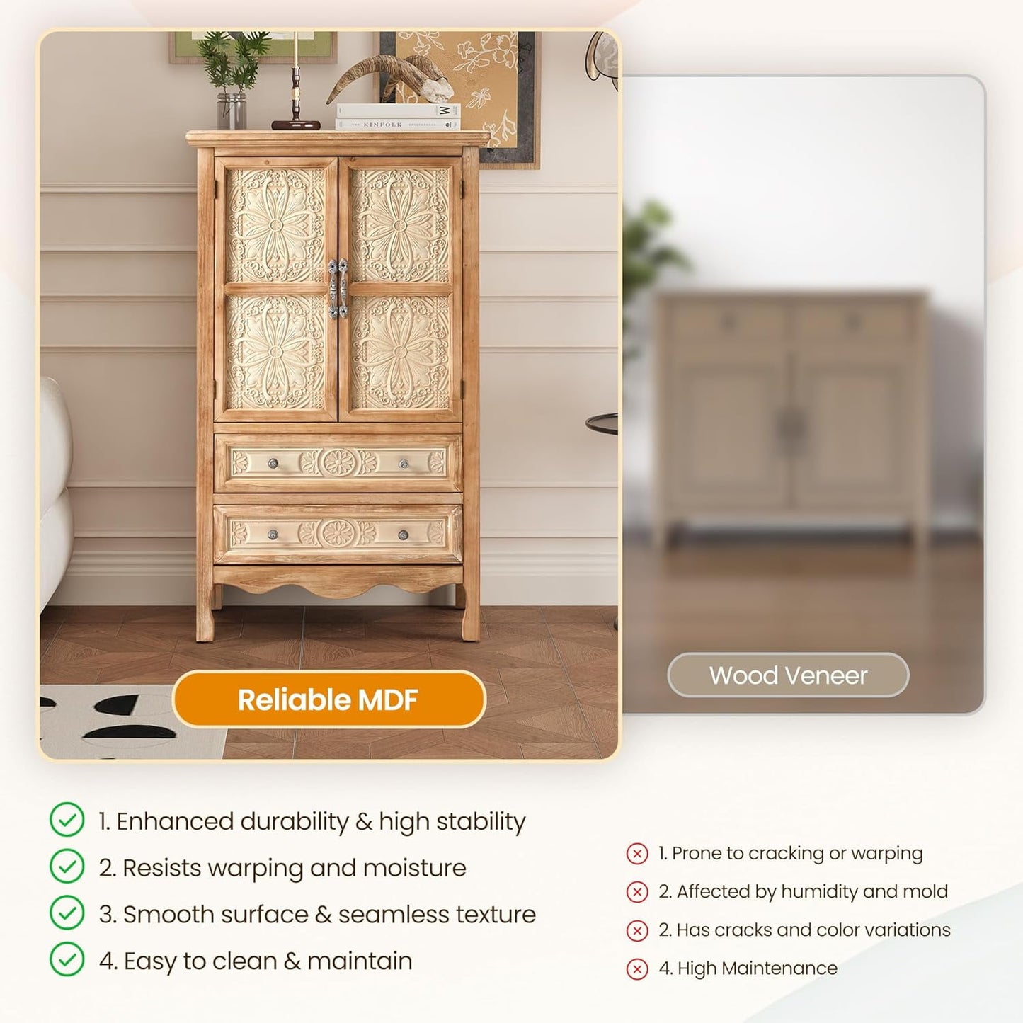 RoyalCraft Kitchen Pantry Storage Cabinet with 2 Doors and 2 Drawers, 48'' Tall Pantry Cabinet, Wood Storage Cabinet for Kitchen, Dining Room, Living Room