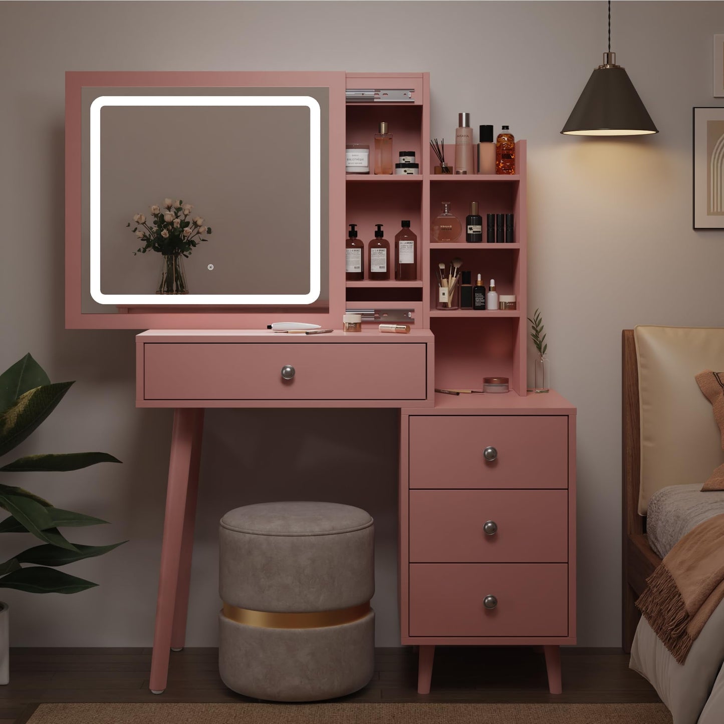 Superjoe Vanity Desk with Sliding Mirror and LED Lights, 2 in 1 Wooden Makeup Vanity Desk for Nightstand and Dressing Table, Compact Medium Makeup Table with Sliding Mirror for More Storage Space