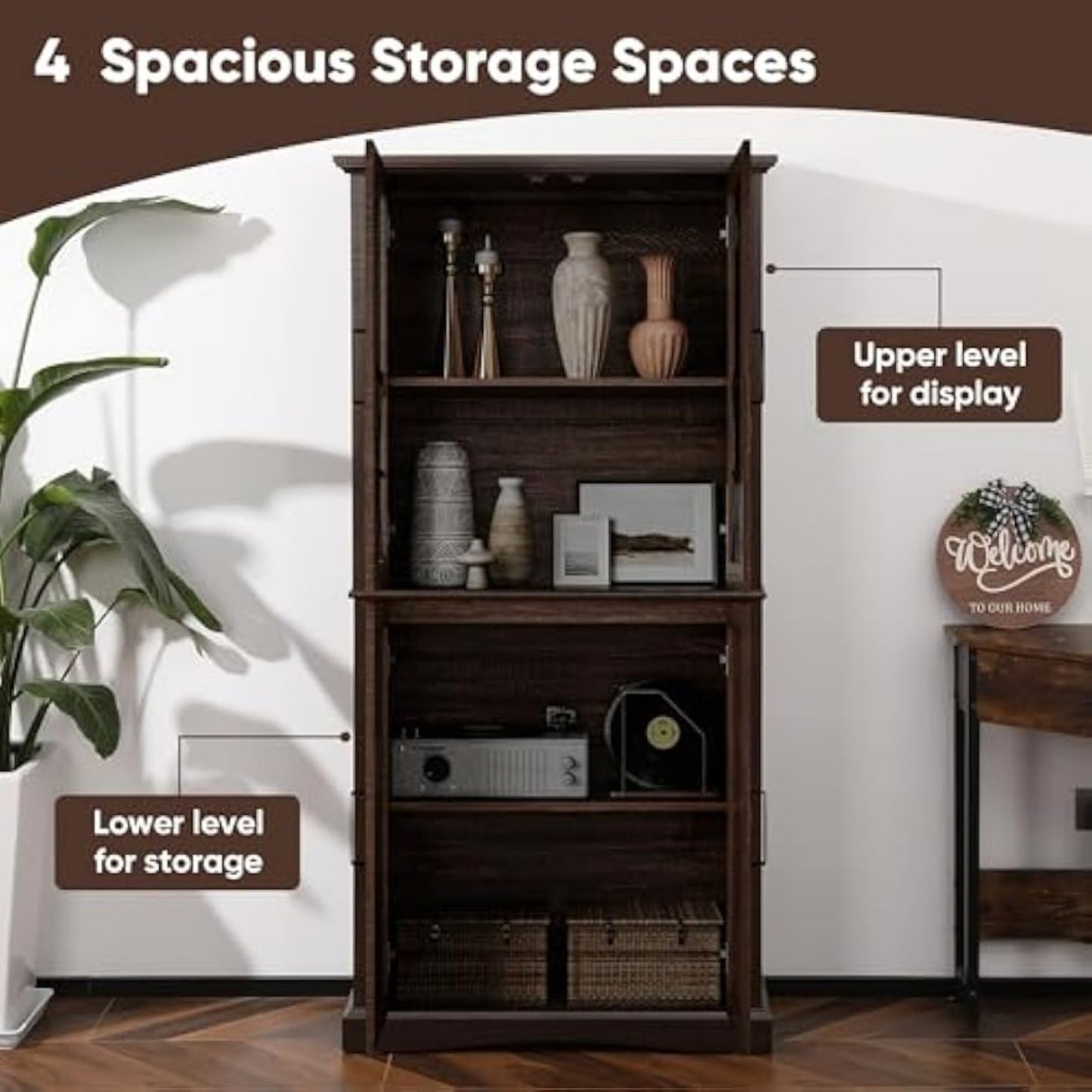 CozyHome 69'' Tall Farmhouse Storage Cabinet, Retro Display Cabinet with RGB Lights, Freestanding Kitchen Pantry Cabinet, Living Room, Home Office, Brown