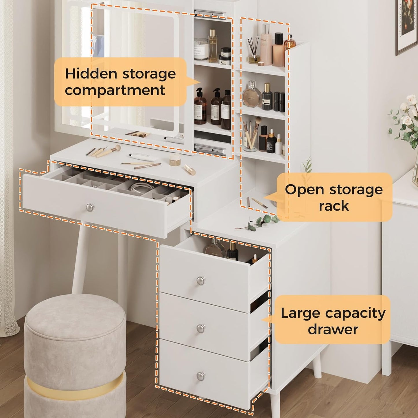 Royalcraft Makeup Vanity Table Set with Sliding Lighted Mirror, White Dressing Table with 3 Color Touch Light, Small Vanity Desk with 4 Drawer & Hidden Shelves for Women Girls