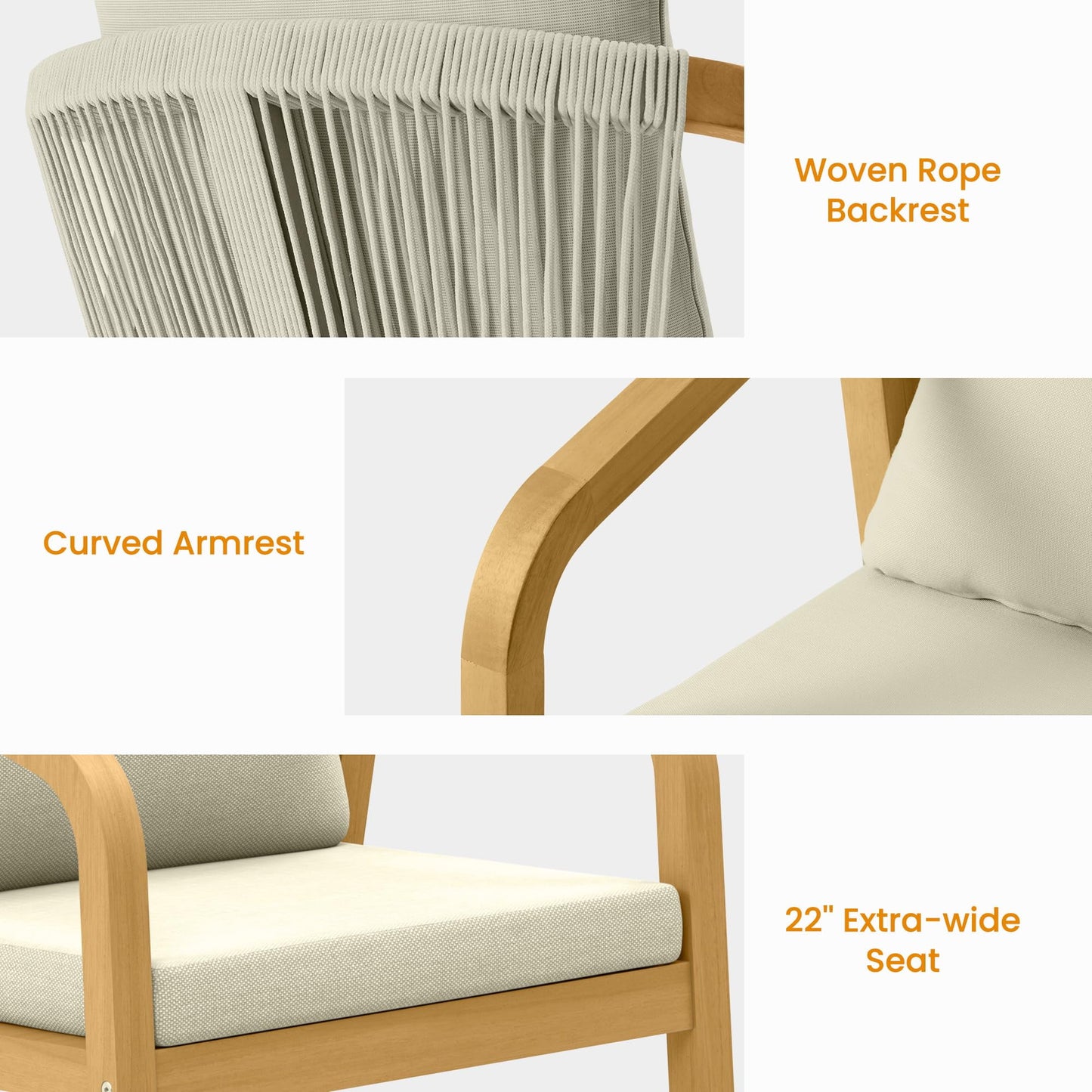 Heynemo Acacia Patio Dining Chairs Set of 6, Outdoor Wood Dining Chairs with Thick Cushions, Modern Patio Chairs with Woven Rope Backrest for Porch, Backyard, Garden, Indoor, Beige