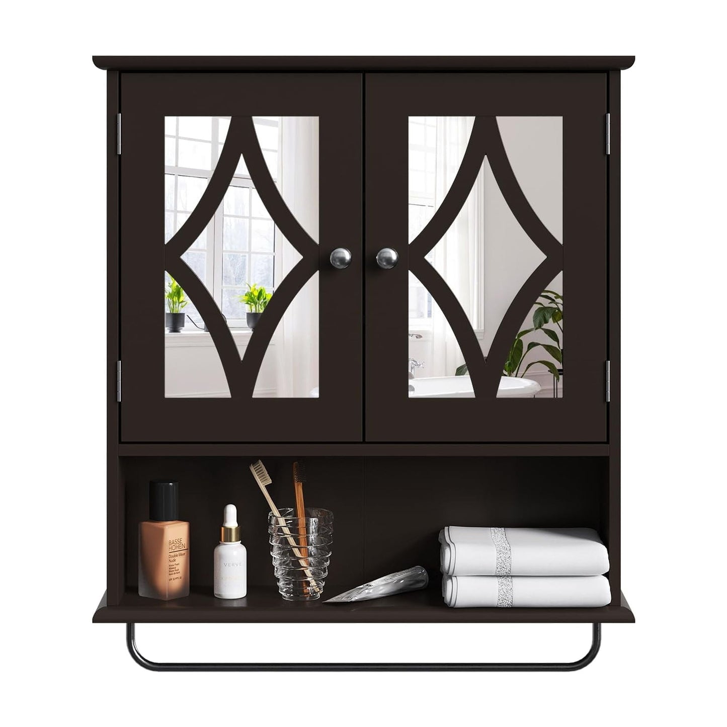 RoyalCraft Bathroom Medicine Cabinet with Mirror, Vanity Wall Mounted Storage Cabinet with Adjustable Shelves and Towel Bar, Hanging Wall Cabinet for Bathroom, Laundry, Living Room, Brown