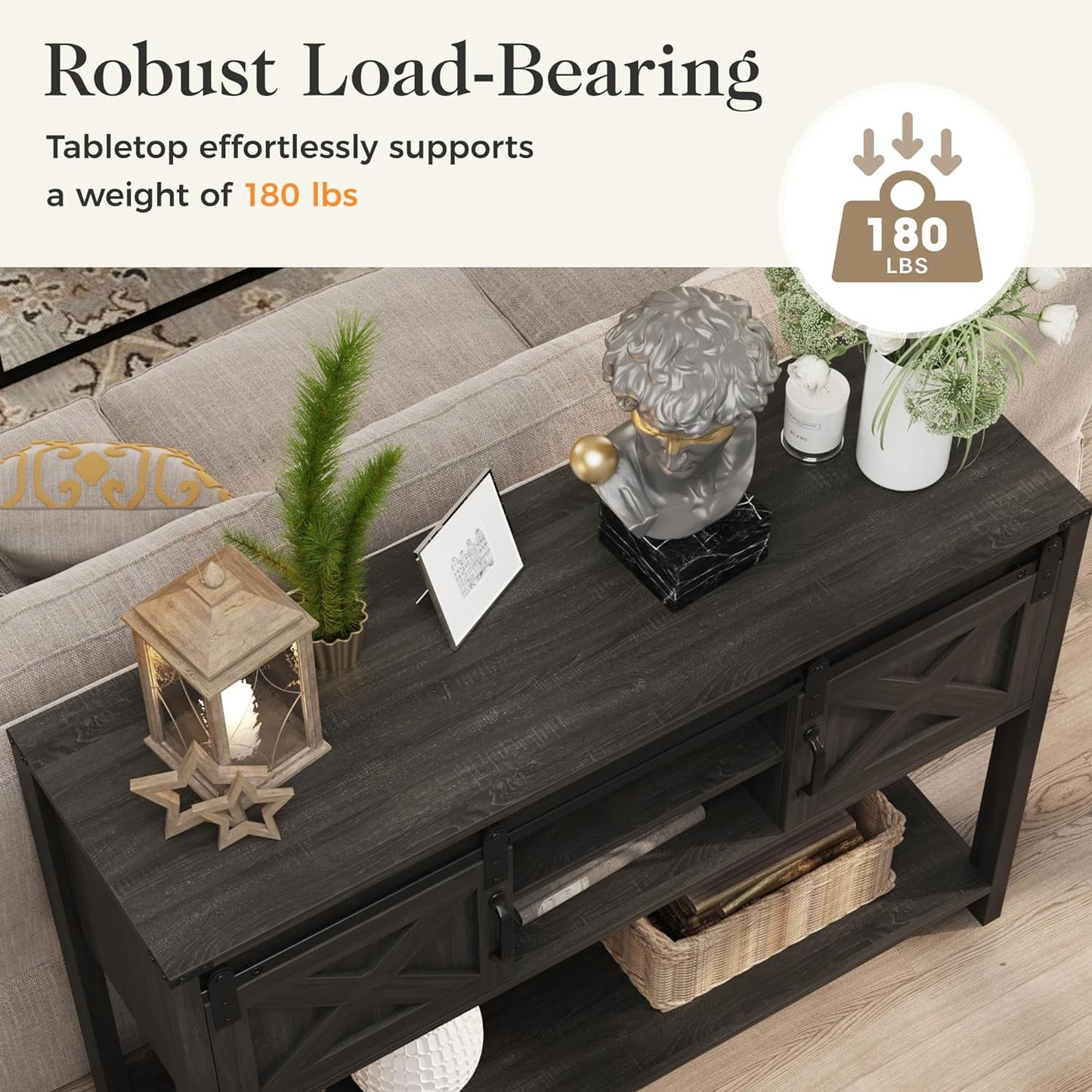 Royalcraft Entryway Table with Storage Cabinets, 46" Modern Farmhouse Console Table with Sliding Barn Door, Wood Rustic Sofa Table with Adjustable Shelf for Hallway, Living Room, Foyer,Dark Grey