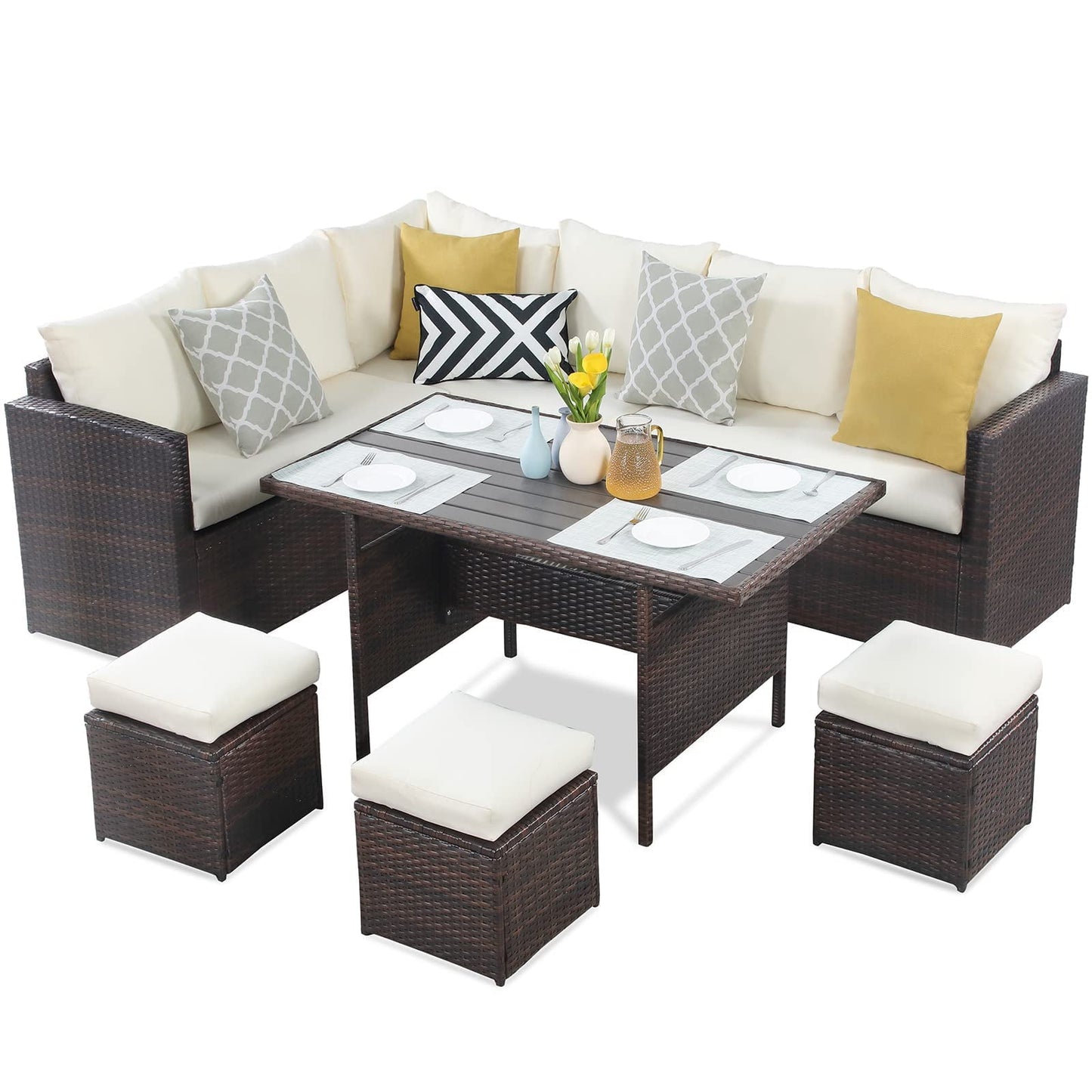 Royalcarft 7 Pcs Outdoor Conversation Set All Weather Wicker Sectional Sofa Set Dining Table Chair and Ottoman,Steel Frame,Ivory