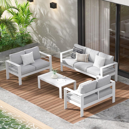 RoyalCraft Aluminum Outdoor Patio Furniture Set, Modern Patio Conversation Sets, Outdoor Sectional Metal Sofa with 5 Inch Cushion and Coffee Table for Balcony, Garden, White Frame
