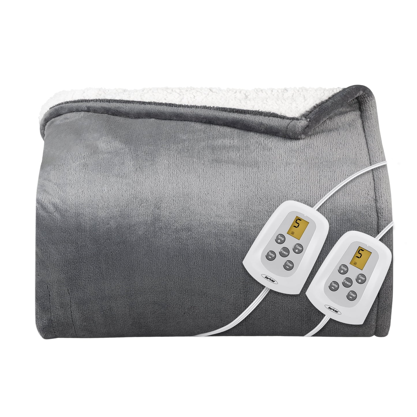 Royalcraft Heated Blanket Queen Size, Electric Throw Dual Control, 10 Heat Settings, 12 Hours Auto Off, Soft Flannel and Sherpa, Machine Washable, ETL Certified,Grey