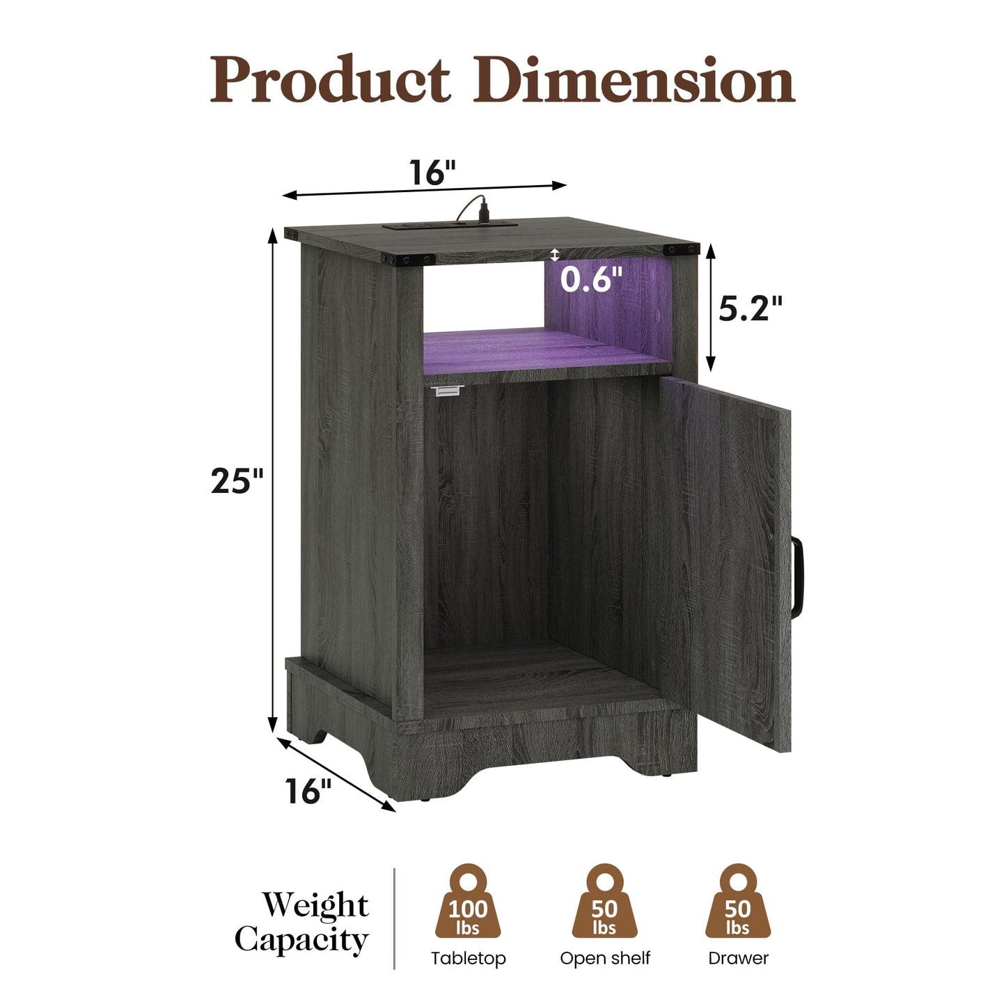 Mayincolor LED Nightstand with Charging Station, Farmhouse Wooden Side Table, Bedside Table with Storage Cabinet and Shelf, Rustic End Table for Bedroom, Living Room, Dark Gray