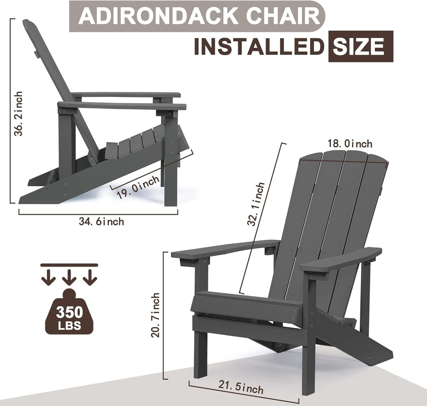 Royalcraft Adirondack Chairs, Weather Resistant Hips Plastic Fire Pit Chairs, Modern Poly Adorondic Outside Chairs, 350 LBS Adirondack Chair for Easy Assembly, White