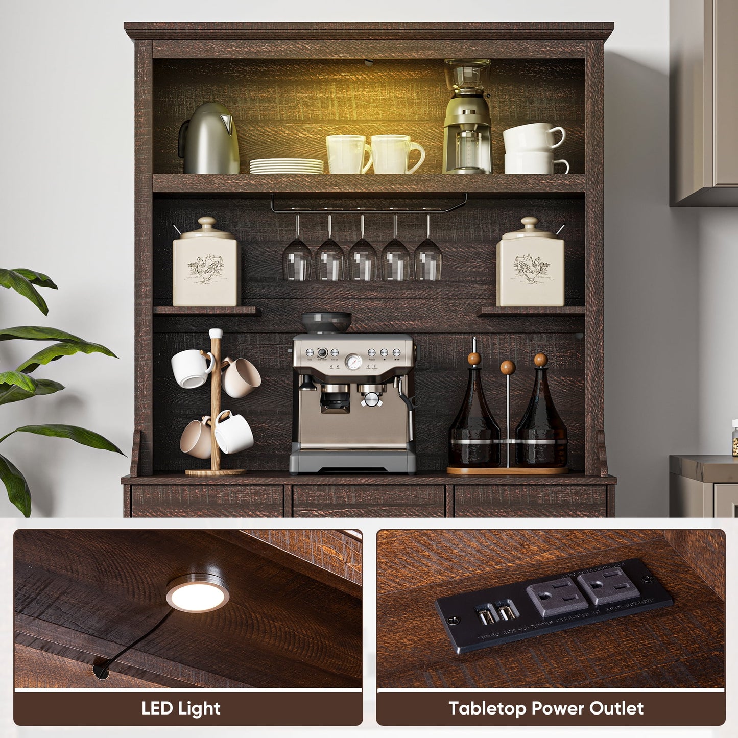 Royalcraft 71'' Tall Farmhouse Bar Cabinet, Retro Buffet Cabinet with Charge Station & LED Lights, Liquor Cabinet Bar with Wine Bottle Rack & Glass Doors for Kitchen, Dining Room, Living Room, Brown