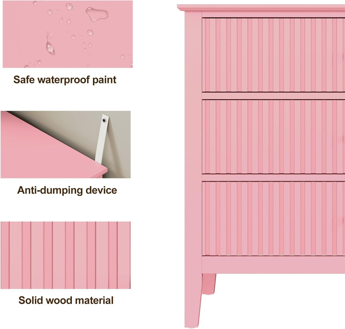 Mayincolor Fluted 32ch Wide Nightstand for Bedroom, Large Pink Nightstand with 3 Drawer, Modern End Table, Wood Beside Table for Home and Office