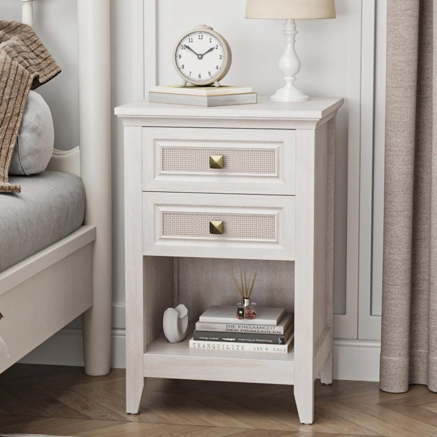Superjoe 27" Rattan Nightstand w/2 Drawers, Grayish White Wood Farmhouse Bedside Table, Boho Accent End Table Cabinet w/Open Storage Shelf