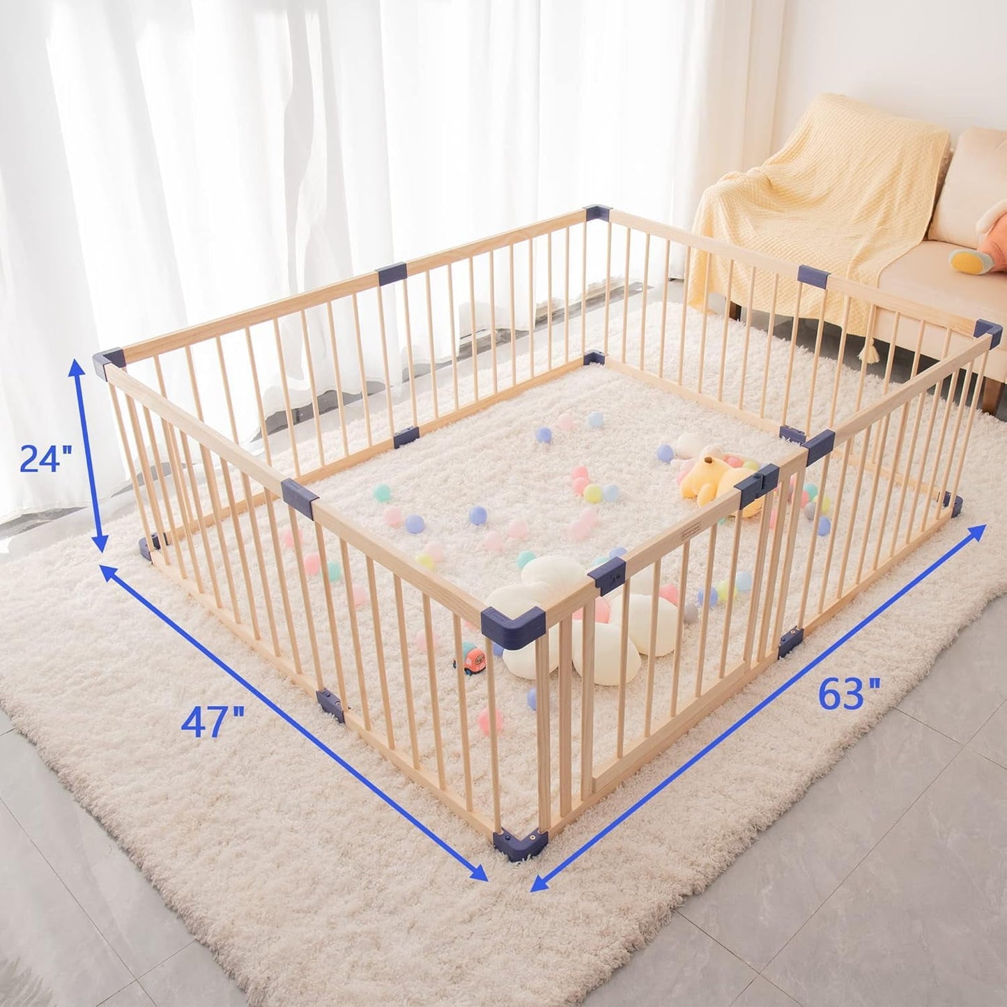 Superjoe Baby Playpen Kids Fence with Safety Gate, Activity Play Center, Safety and Anti-Drop Function, Safety Play Yard Indoor Outdoor Pure Wooden Baby Playpen (63"*47"*24")